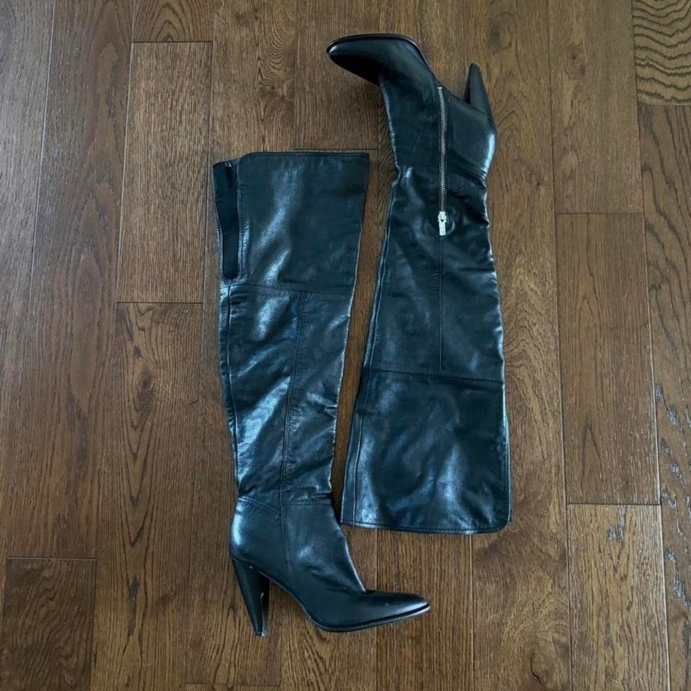 BCBGeneration Women's Black Leather Thigh High Boots Heeled Zip Side